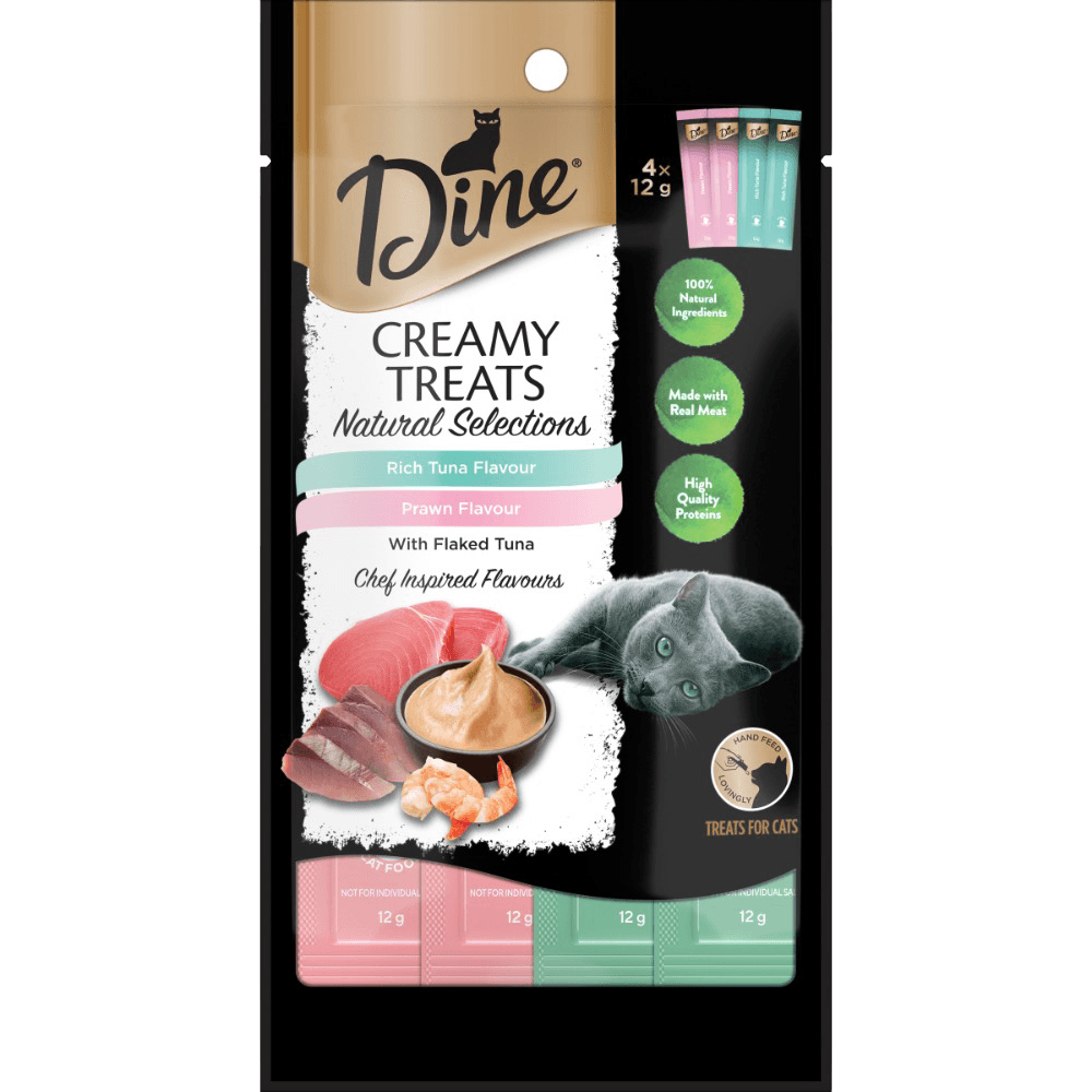 Dine Natural Creamy Cat Treats Tuna and Prawn with Flaked Tuna