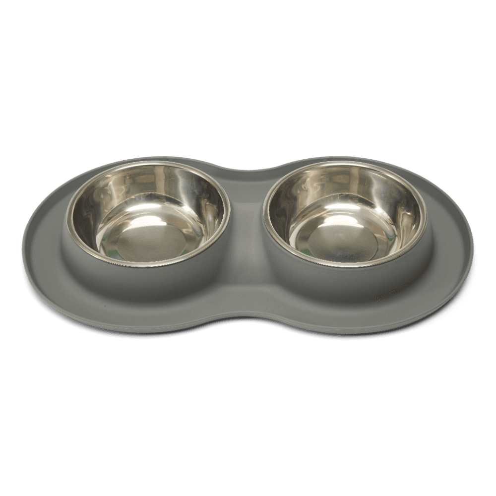 paws-for-life-silicone-mat-double-stainless-steel-dog-bowl-grey